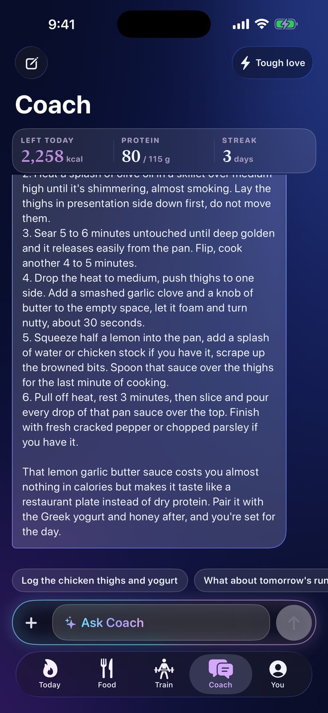The Coach tab at night, with a recipe and quick replies.