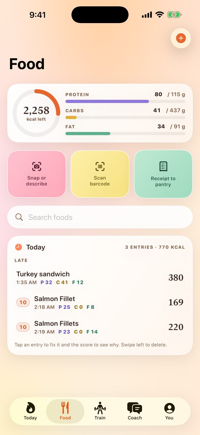 The Food tab in Nth Hour: calories left, protein, carbs and fat bars, and today's meals.